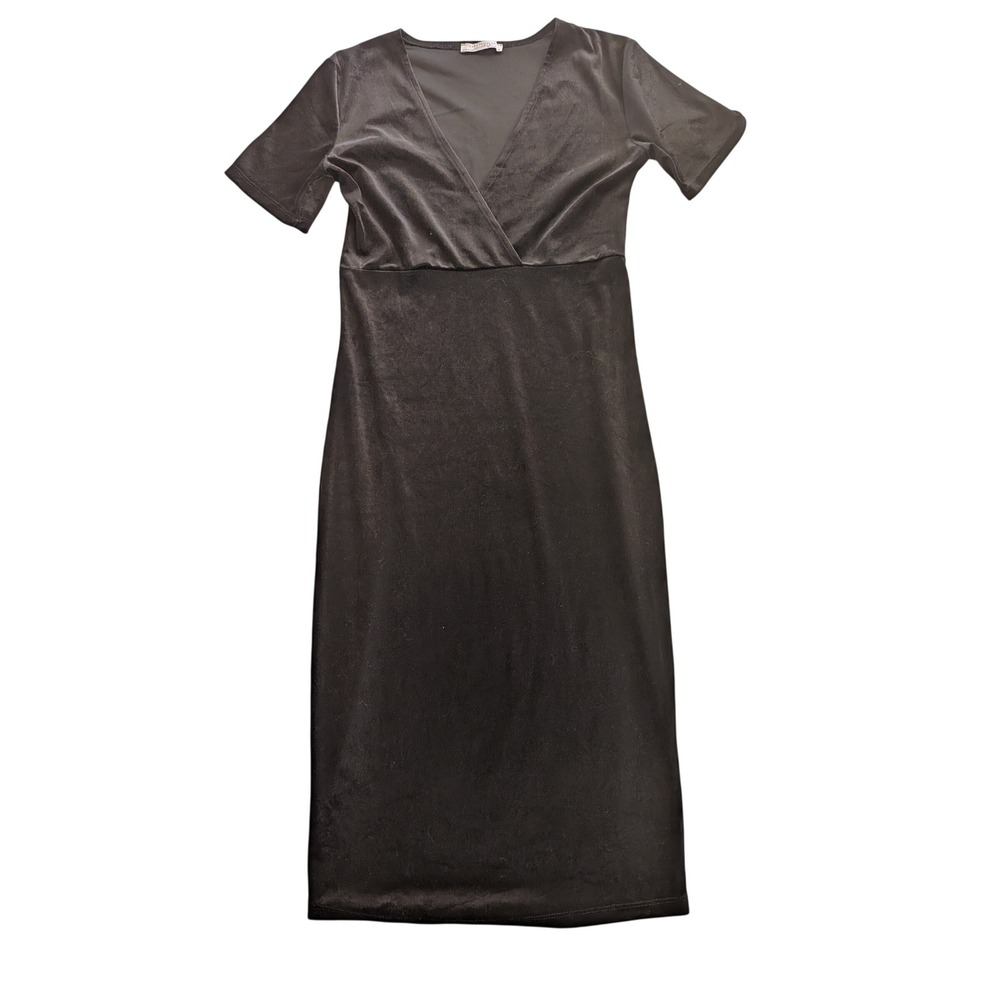 ZARA Trafaluc Blk Velvet V-Neck Bodycon‎ Stretch Midi Dress Sz M Formal Cocktail